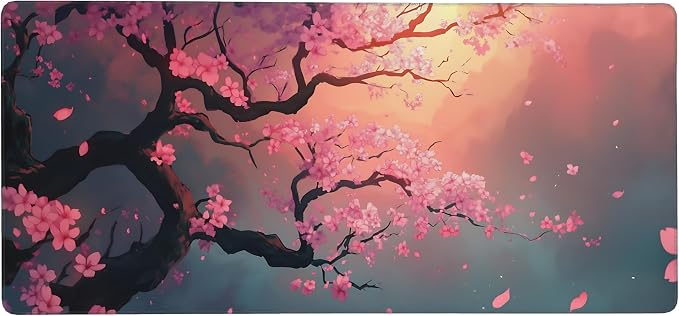Cute Floral Aesthetic Cherry Gaming Mouse Pad, Pink Japanese Desk Mat with Anti-Slip Base & Stitched Edges,35.4" x 15.7" in Table Mat for Computer Desktop, Beautiful Workstation Decor