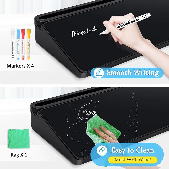 DOLLAR BOSS Glass Desk Whiteboard Small Dry Erase Board, All Black | Desktop White Board with Storage Drawer, Computer Keyboard Stand, Desk Organizer, Office Supplies, With Markers, Rag