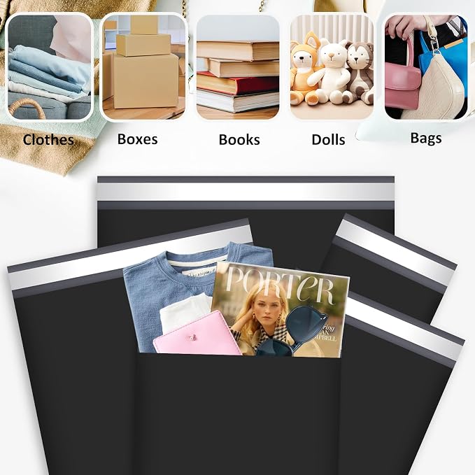 UCGOU 60 Pack Not Padded Black Poly Mailers Variety Pack, 6x9 Inch & 9x12 Inch & 10x13 Inch & 12x15.5 Inch & 14.5x19 Inch Mailing Bags, Self-sealing Adhesive Mailers Assorted Sizes for Small Business