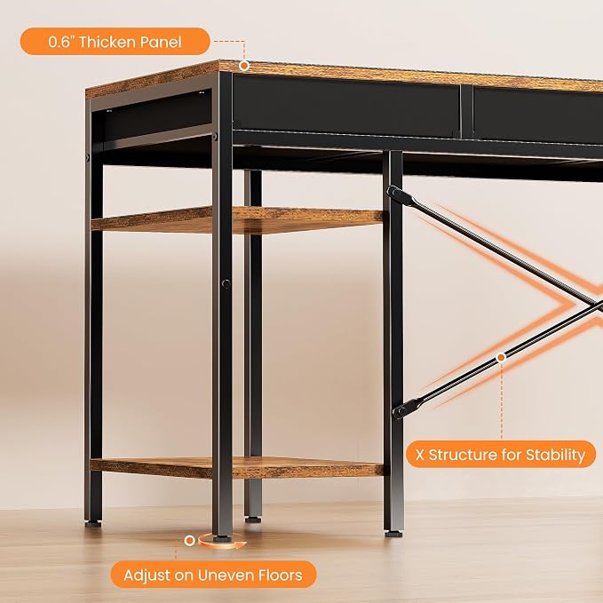 Sweetcrispy 55" Computer Desk with 6 Fabric Drawers & Storage Shelves | Reversible Gaming Desk, Office Desk, Computer Workstation, Corner Desk with Storage, Home Office, Living Room,Rustic Brown