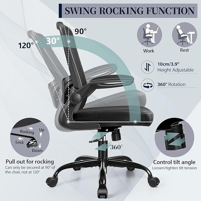FelixKing Office Chair, Ergonomic Comfy Desk Chair with Flip-up Armrests | Adjustable Height, 360°Swivel, Flexible Tilt, Breathable Cushion and Fabric, Lumbar Support for Home Office, 4 PCS
