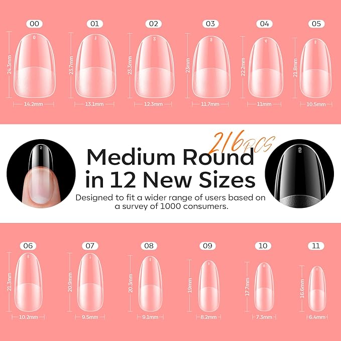 modelones X Nail Gel Kit Kit Medium Oval, 9-in-One Nail Glue with Portable U V Lamp 216Pcs 12Sizes Pre-Etched Round Press ons Fake Acrylic Extension Kit DIY Salon Gift for Women