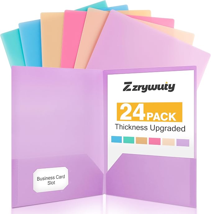 Zzrywuty 24 Pack Plastic Folders with Pockets,2 Pocket Folders with Business Card Slot,Muted Pastel Colors Folders Heavy Duty Letter Size for School Office