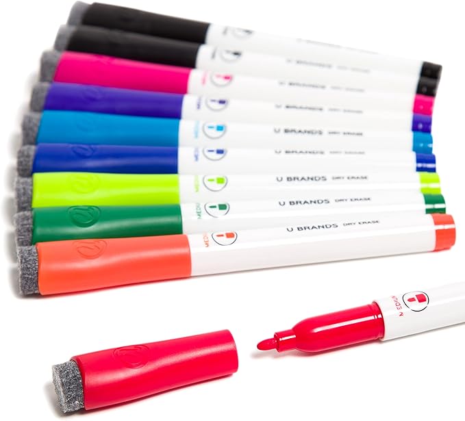 U Brands Fine Tip Dry Erase Markers with Eraser, Low Odor Whiteboard Markers Fine Tip, Assorted Bright Colors, Set of 10