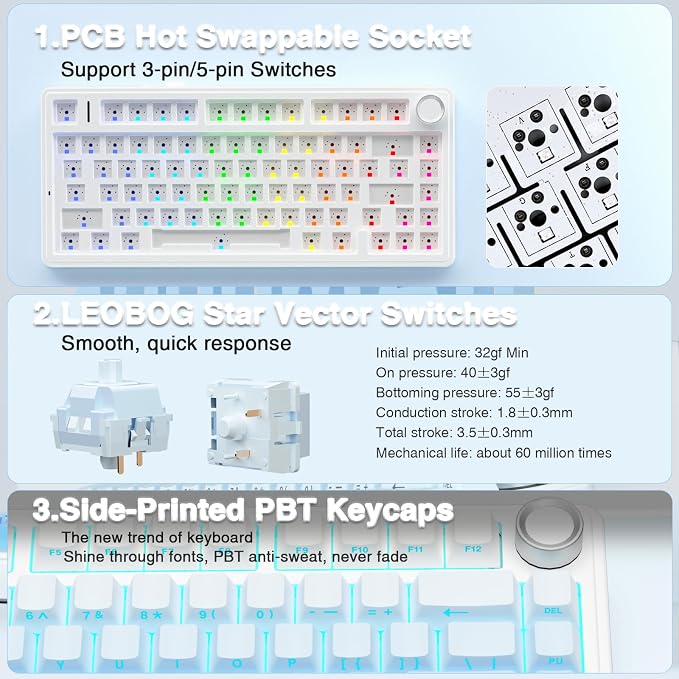 AULA F75 Pro Wireless Mechanical Keyboard,75% Hot Swappable Custom Keyboard,RGB Backlit,Pre-lubed Linear Switches,Side Printed PBT Keycaps Mechanical Gaming Keyboards,Gradient Blue