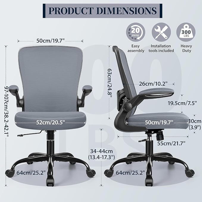 FelixKing Office Chair, Ergonomic Comfy Desk Chair with Flip-up Armrests | Adjustable Height, 360°Swivel, Flexible Tilt, Breathable Cushion and Fabric, Lumbar Support for Home Office, Dark Grey