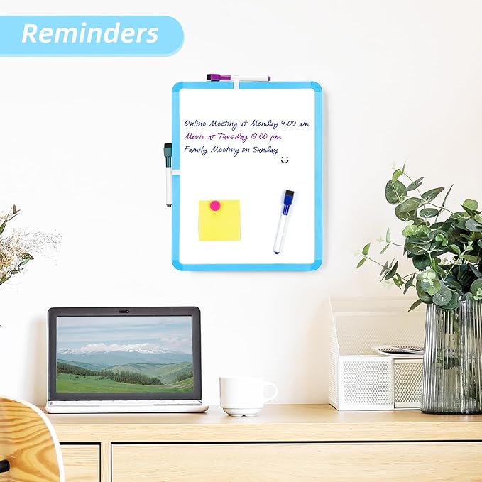 VUSIGN Magnetic Dry Erase Board, 14 x 11 Inches White Board, Blue | Includes 4 Dry Erase Markers, Small Mini White Board for Students Fridge Wall Locker