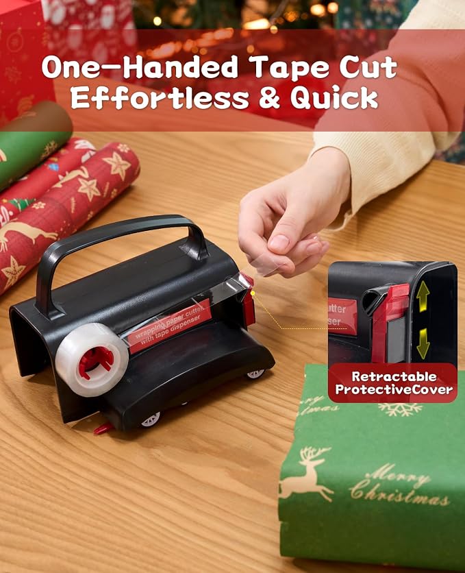 2-Pack Wrapping Paper Cutter with Wheels & Tape Dispenser - Gift Wrap Tool Kit with Replaceable Blades for Christmas, Birthday - Safe, Efficient, and Precise Cutting