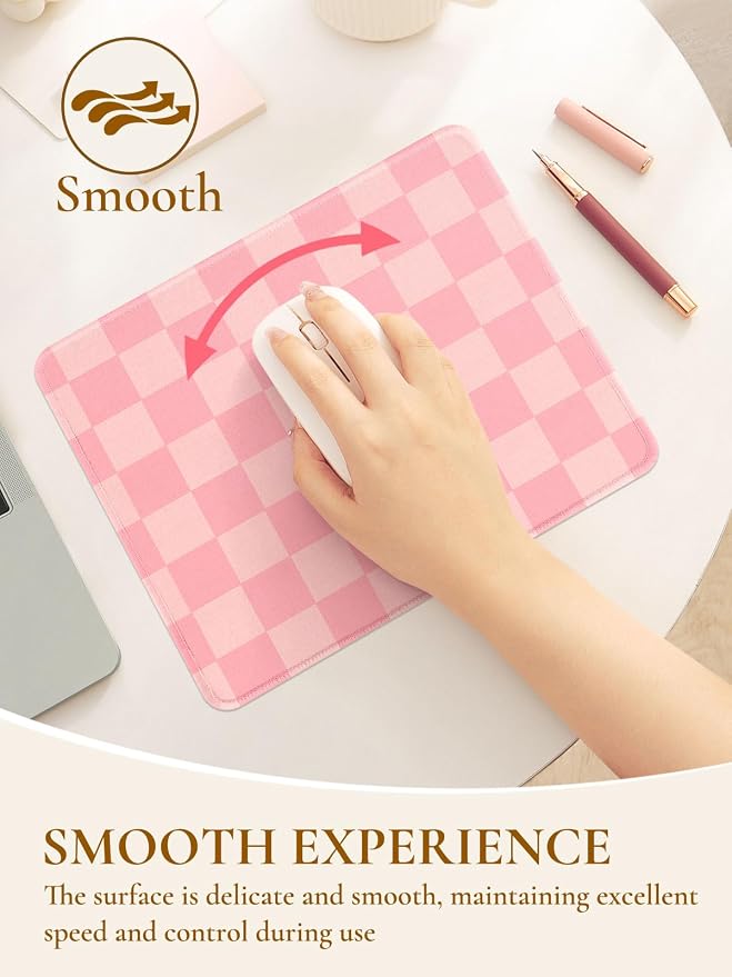 Cute Pink Mouse Pad,Retro Checkered Pattern Mousepad,Square Aesthetic Plaid Waterproof Grid Mouse Mat Design, Non-Slip Rubber Base Computer Funny Boho Small Mouse Pads, Desk Accessories