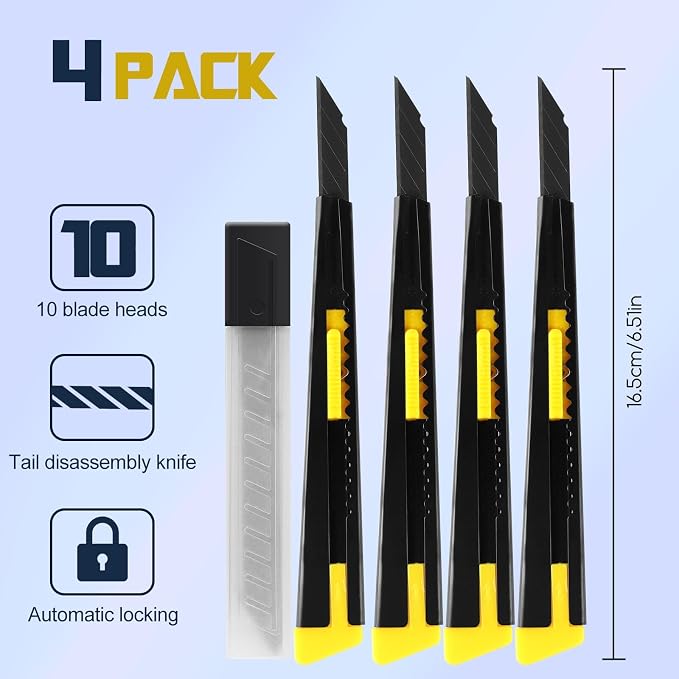 Quick Change Utility Knife, 4Pcs Lightweight Box Cutter with 10 Extra Blades, Tool-Free Refill Art Knife, Retractable Compact Razor Knife for Office & Home Use