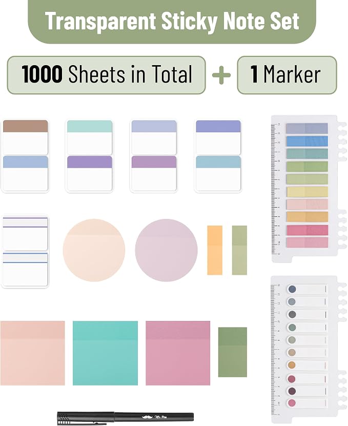 Mr. Pen- Transparent Sticky Notes Set, 1000 Sheets | Transparent Sticky Notes Tabs with Marker Pen for Bible Study, Office, School, Planning, Journaling & Organization