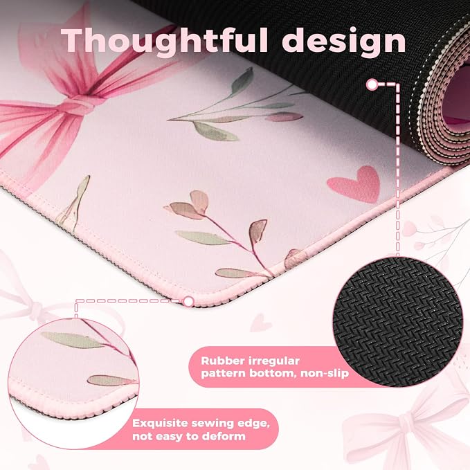 iCasso Pink Desk Mat,Cute Desk Pad for Women | Girly Bow Mousepad with Stitched Edges,Non-Slip Large Computer Mat for Study Home Office