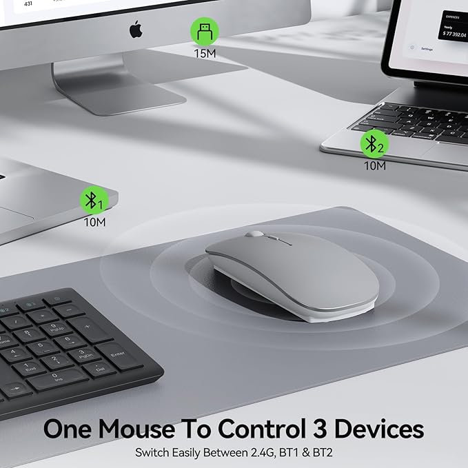 TECKNET Bluetooth Wireless Mouse, Rechargeable Silent Portable Computer Mouse, 6 Adjustable DPI, Dual Mode (Bluetooth 5.2/3.0 and 2.4G USB Receiver) for Laptop, iPad, MacBook, PC, Desktop, Android