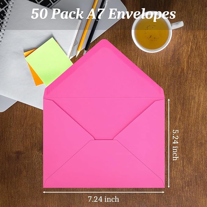 50 Pack A7 Envelopes, Rose Greeting Card Envelopes Self Seal, 5.24 x 7.24 in Envelopes for Birthday Graduation Baby Shower Wedding Invitation Cards