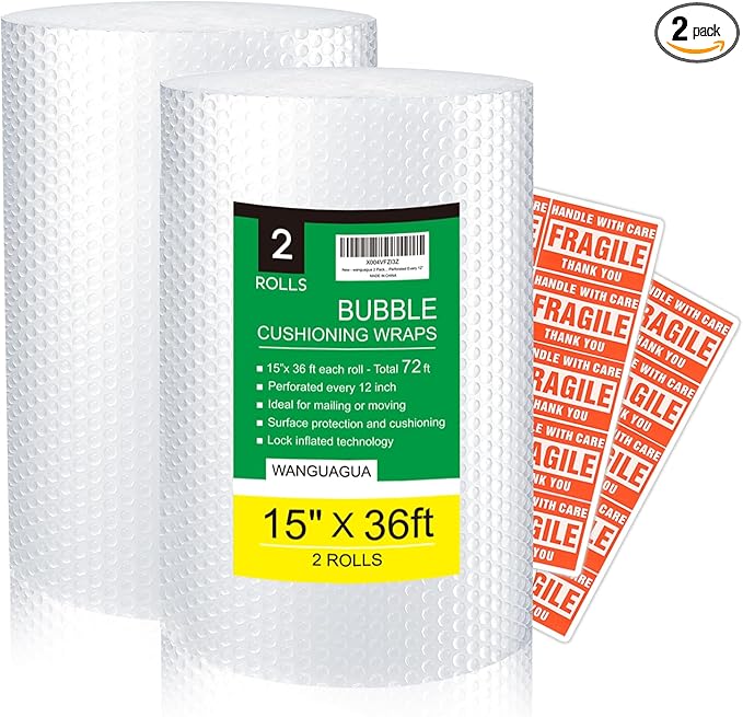 wanguagua 2 Pack 15 Inch x 72 ft Total Bubble Packing Wrap for Moving Boxes Shipping Cushioning Supplies Perforated Every 12”