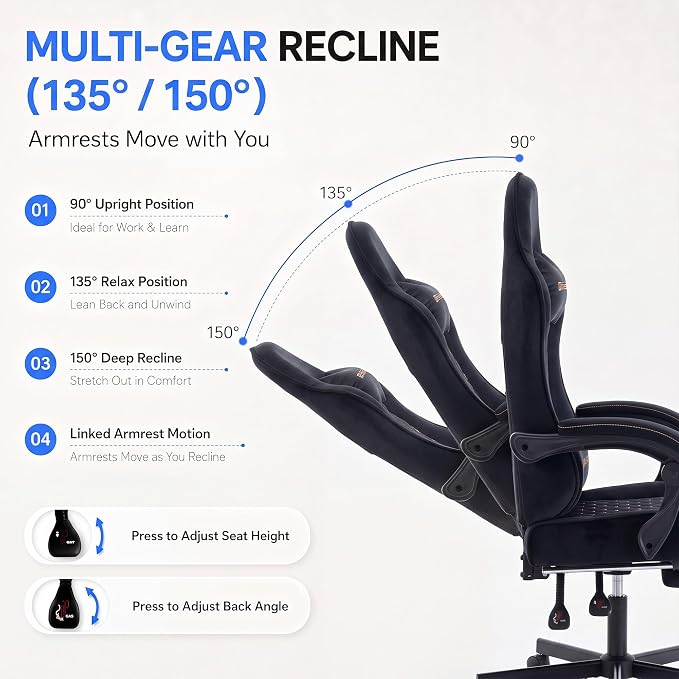 Desk Computer Gaming Chair - High Back Ergonomic Office Chair with Footrest and Lumbar Support, Swivel Comfy Home Gamer Video Game Chairs with Pocket Spring Cushion for Adults (Black Fabric)