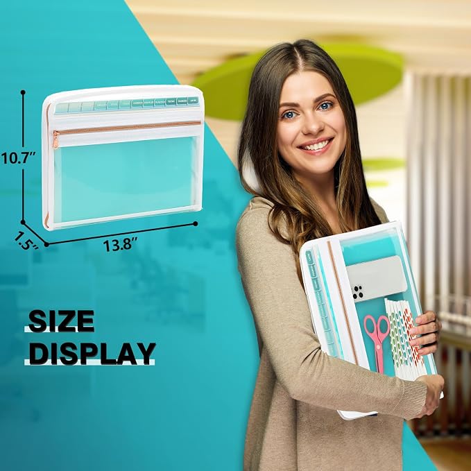 H4D Accordion File Organizer, 13 Pocket Expanding File Folder, Teal | Zippered, Front Clear Pouch, Letter Size Paper, A4 Paper, Fit for Documents