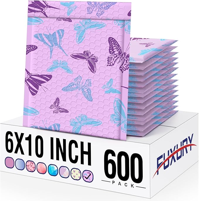 Fuxury Bubble Mailers 6x10" Pinkish-Purple Padded Envelopes 600 Pack with Blue-Purple Butterfly Special Design Padded Mailers Waterproof Bubble Envelopes for small business Jewelry Makeup Supplies #0