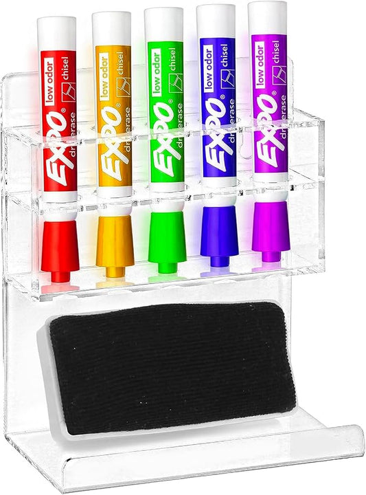 MyGift Clear Acrylic Whiteboard Marker Organizer, Wall Mounted, 5 Slots | Space-saving wall organizer keeps markers and erasers neatly stored for classrooms, offices, meeting spaces and home