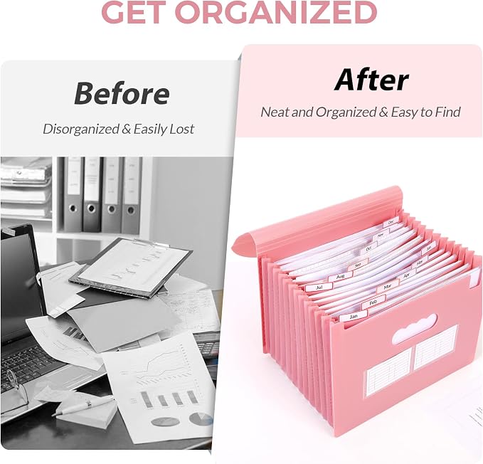 SKYDUE Accordion File Organizer, Expanding File Folder with 13 Pockets, Portable Document Paper Bill Receipt Organizer, Home School Pink Office Supplies, Letter A4 Size
