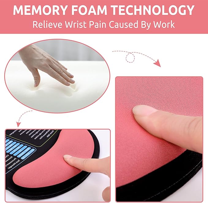 Ergonomic Mouse Pad with Wrist Rest, Small Excel Cheat Sheet Desk Pad with Windows & Office & Excel Shortcuts, Non-Slip Rubber Base Mouse Pads for Desk with Smooth Surface, Black Pink