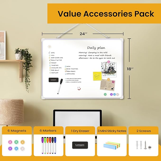 Dry Erase Board for Wall, 24" x 18" Double-Sided Hanging Whiteboard, Dry Erase White Board with 6 Markers 6 Magnets and 3 Mini Sticky Notes,Magnetic Whiteboard for Home,Office, School