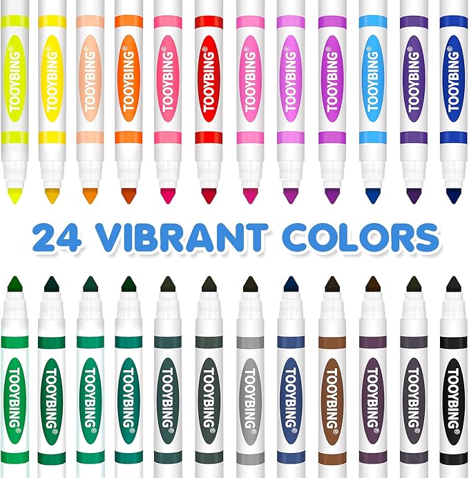 24 Color Washable Markers, Colored Washable Markers for Kids, Broad Tip Durable for Coloring Book, Back to Classroom Art School Supplies for Students Teachers Children