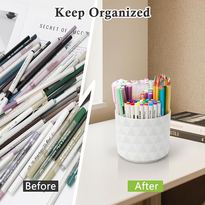 Cute Pencil Holders For Desk,360-Degree Rotating Pen Holders For Home Office,Diamond-like Pen Organizer With 5 Compartments,Stylish Desk Accessories For Office,School ,Home ,Art Supply (White)