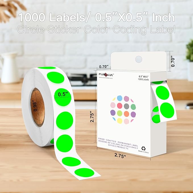 PARLAIM 1/2 Inch Circle Sticker Labels,1000 Stickers Round Color Coding Circle Dots Stickers,Roll Dot Sticker Label for Office Home Office(Fluorescent Green) (Pack of 2)