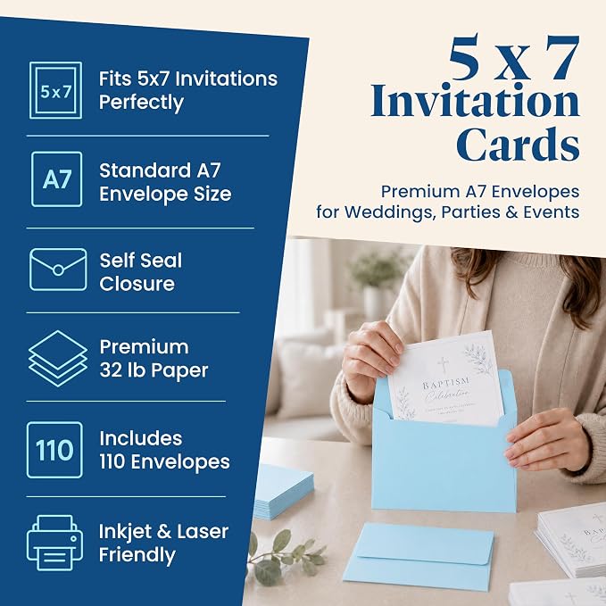 110 5x7 Light Blue Invitation Envelopes - for 5x7 Cards - A7 - (5 ¼ x 7 ¼ inches) - Perfect for Weddings, Graduation, Baby Shower - 120 GSM - Peel, Press & Self Seal - Square Flap