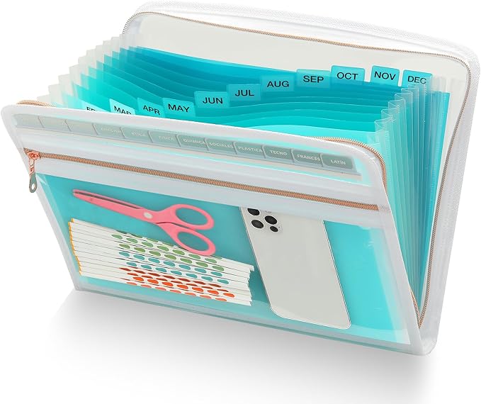H4D Accordion File Organizer, 13 Pocket Expanding File Folder, Teal | Zippered, Front Clear Pouch, Letter Size Paper, A4 Paper, Fit for Documents