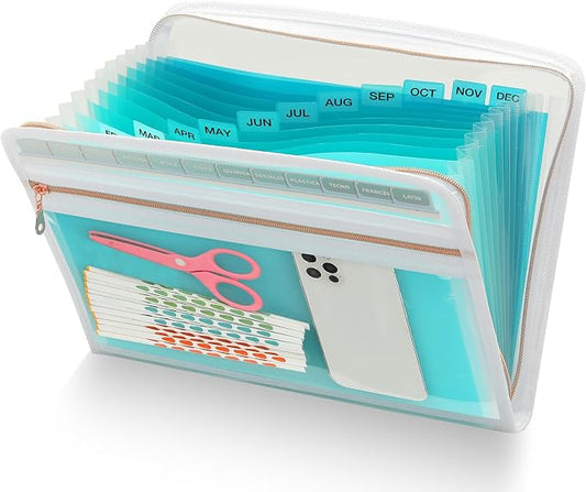 H4D Accordion File Organizer, 13 Pocket Expanding File Folder, Teal | Zippered, Front Clear Pouch, Letter Size Paper, A4 Paper, Fit for Documents