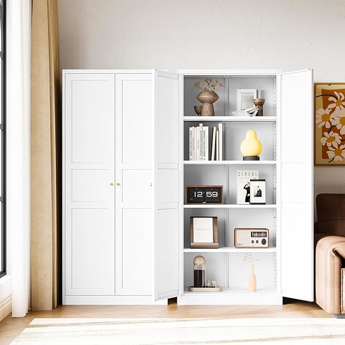Letaya White Storage Cabinet with Adjustable Shelves-Metal Home Kitchen Pantry Cabinets with Doors,Organization Locker for Cupboard/Bedroom/Dining/Living/Bathroom/Office/Garage Room