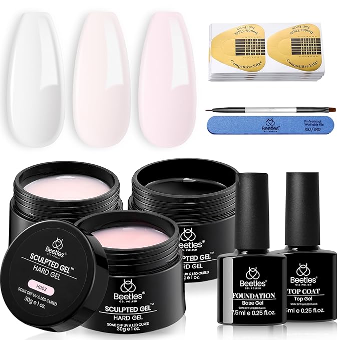 Beetles Builder Gel for Nails-3 Colors 9 in 1 Nail Extension Sculpting Building,Clear Nude Pink Hard Gel Kit with Base Top Coat for Pros Women,UV & LED Lamp Cured Needed