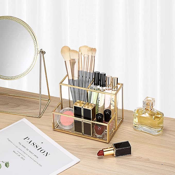 BTSKY 1 Pack Golden Glass Pen Holder for Desk, Clear Pencil Cup with 3 Compartments, Metal Pen Cup Makeup Brushes Holder, Desktop Pens Pot Container, Stationery Cosmetic Caddy Storage for Office Home