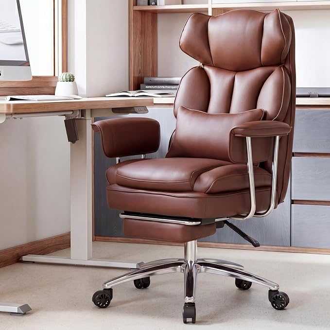 Sweetcrispy Executive Home Office Chair, Ergonomic Desk Chair | Big Tall High Back, Lumbar Support, Reclining Height Adjustable, PU Leather, Computer Gaming, Footrest Swivel Wheels, Brown