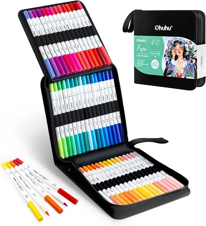 Ohuhu Adult Coloring Book Markers Paper-friendly Water-Based 60 Colors-Pupe | Coloring Markers No Peeling Dual Brush Fine Tips Ohuhu Markers No Bleeding Drawing Pens for Kids Adults Beginner Calligraphy