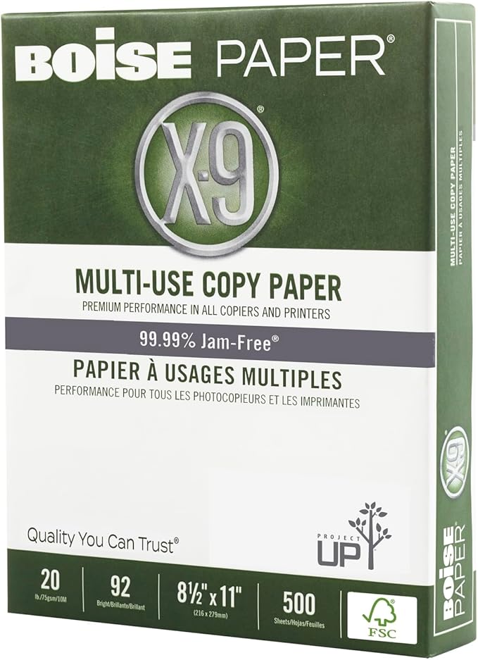 Boise® X-9® Multi-Use Print & Copy Paper, Letter Size (8 1/2" x 11"), FSC® Certified, 92 (U.S.) Brightness, 20 Lb, White