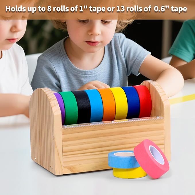 Kids Masking Tape Dispenser, Wooden Multi Roll Craft Tape Dispenser, Washi Tape Holder Organizer, Cutter for Gift Wrapping, Gift for Children Office Home School, Acrylic Serrated Cutter
