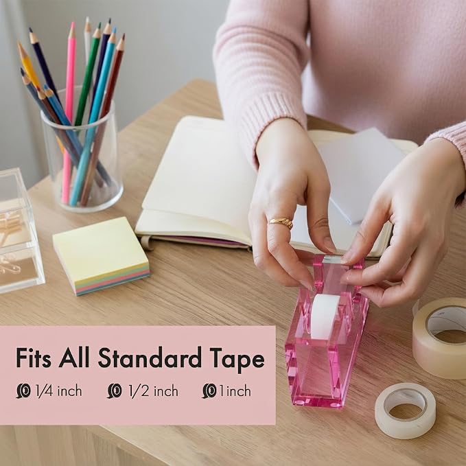 OfficeGoods Acrylic Tape Dispenser, Aesthetic and Compact Design, Pink | Modern desk accessory for office, Heavy duty refillable tape holder for crafting, Stylish desktop accessory for gift wrapping