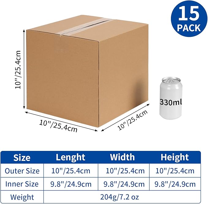 CRUGLA 10x10x10 Shipping Boxes 15 Pack, Brown Corrugated Cardboard Boxes with Side-Lock and Pre-Applied Double-Sided Tape, Easy Assemble Packing Mailer Boxes for Small Business Shipping