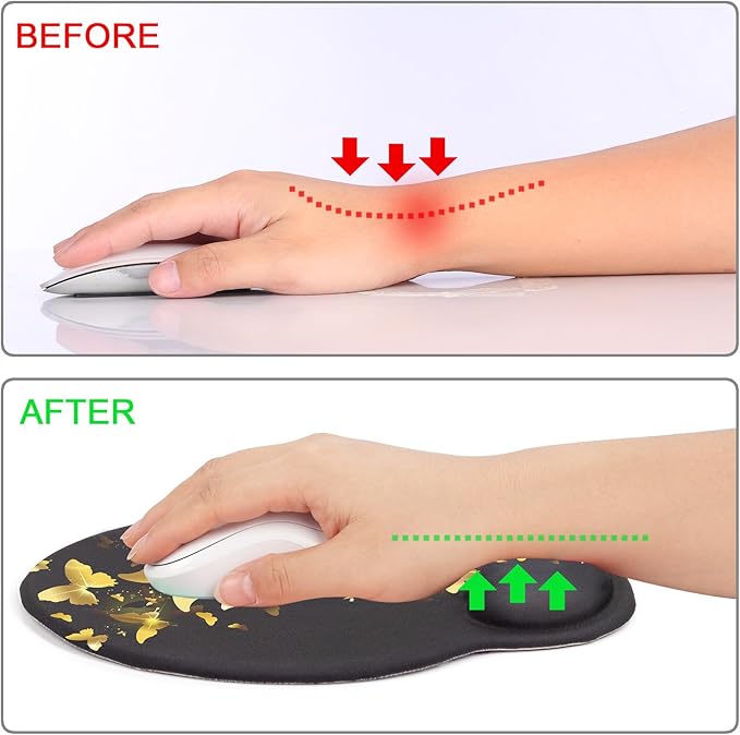 Ergonomic Mouse Pad with Wrist Support Rest,Large Mousepad Gel Wrist Rest, with Coaster Non-Slip & Pain Relief for Computer, Desk, Home&Office-Golden Butterflies
