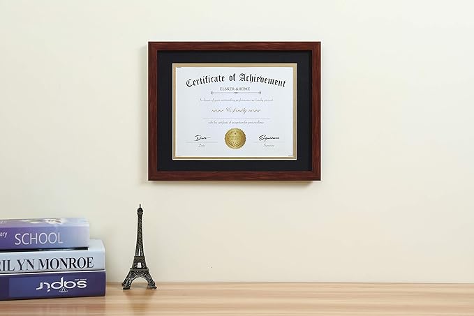 ELSKER&HOME 8.5x11 Certificate Frame - Classic Coffee Color Frame - Displays Diploma 8.5x11 Inch with Mat - 11x14 Inch Without Mat - For Document/Photo(Double Mat - Matte Black with Gold Rim)