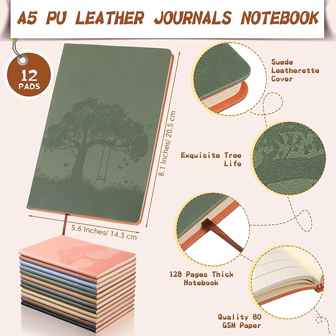 TaoBary 12 Pcs Employee Appreciation Gift A5 PU Leather Journals Bulk Colorful Tree Lined Journal Notebook Soft PU Leather Cover Ruled Writing Notebook for Office School Teacher Nurse (Vivid Color)