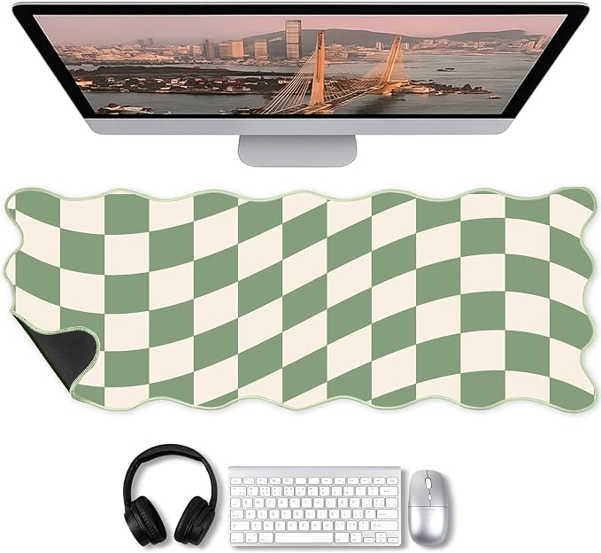 1 Pcs Scalloped Green Checkered Desk Mat 31.5 x 11.8 Inch Large Cute Mouse Pad Computer Mat Non Slip Waterproof Rubber Base with Border Stitching Soft Keyboard Pad for Home Office Gaming Makeup