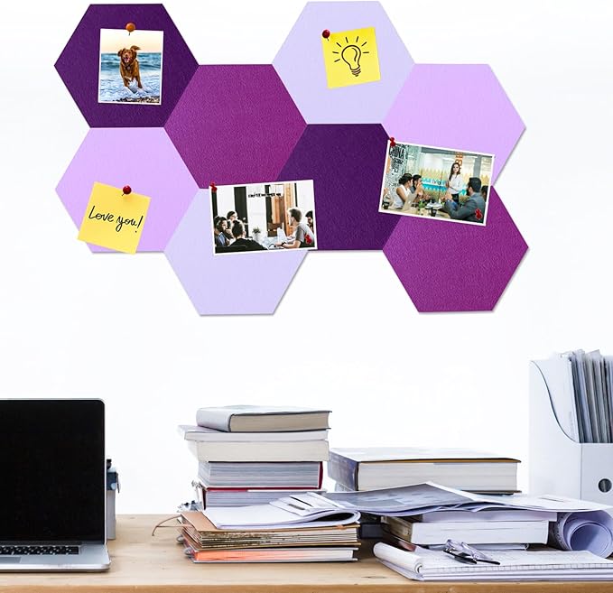 Large Hexagon Felt Cork Board Tiles, Self Adhesive DIY Felt Bulletin Board Pin Board with 35 Pushpins for Office School Home Wall Decor Stickers Memos Photos Display(Gradual Purple)