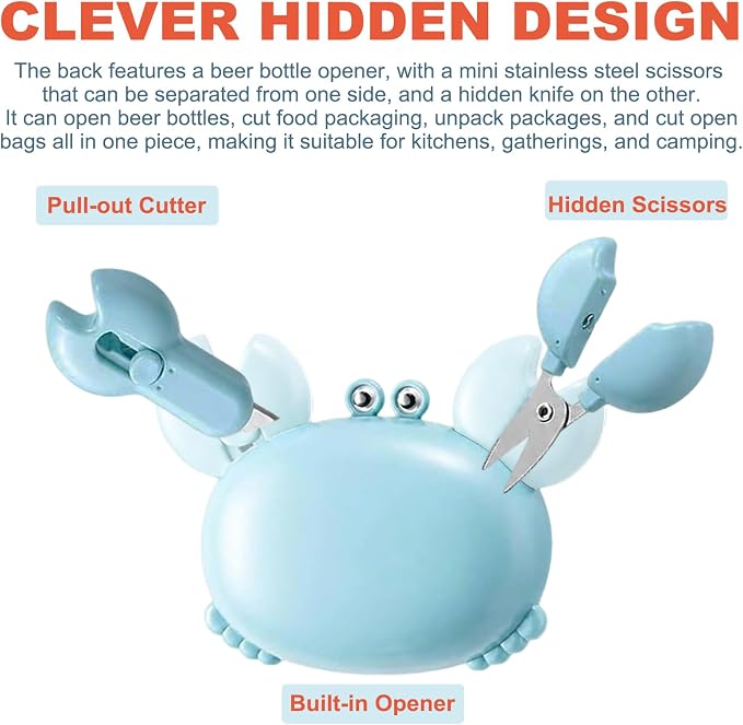 3 Pack Crab Bottle Opener, Crab-Shaped 4-in-1 Multi Tool Opener, Magnetic Fridge Magnet, Beer Opener Portable, Hidden box cutter & Mini Scissors, Compact Kitchen Gadget for Home Office