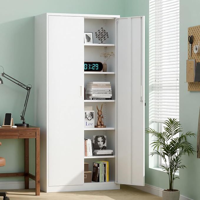 VINGLI Metal Garage Storage Cabinet with 2 Doors and 5 Adjustable Shelves, 71" Tall Steel Lockable File Cabinet, Locking Tool Cabinets for Home Office Garage Gym School (White)