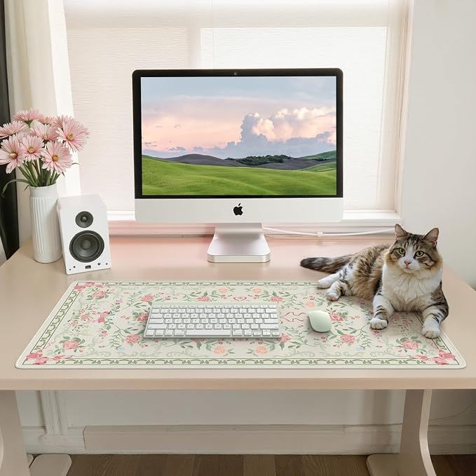 iCasso Green Desk Mat,Cute Desk Pad for Keyboard and Mouse | Anti-Slip Large Gaming Computer Mat,Soft Lycra Surface Laptop Pad Women,Aesthetic Girly Desk Cover for Home Work