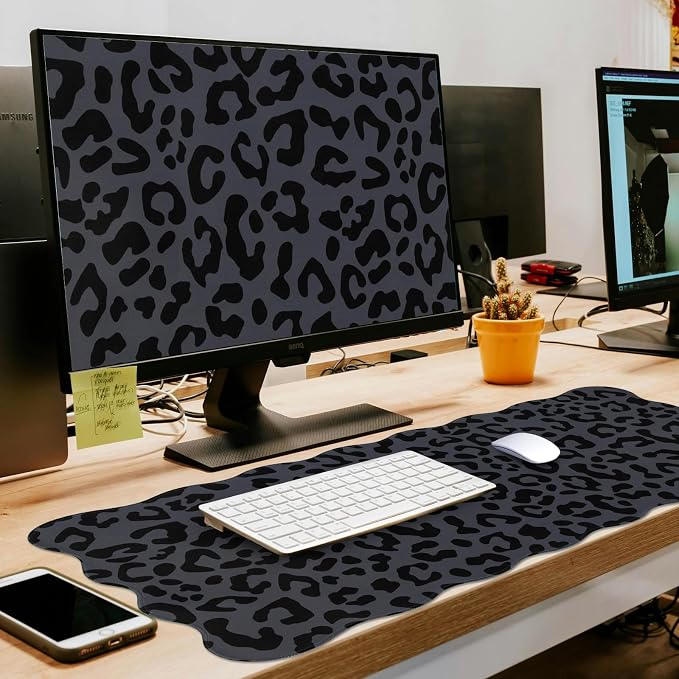 L-SPOUTTO Black Leopard Mouse Pad, Scalloped Desk Mat XXL Gaming Mousepad | Cheetah Gaming Mousepad,35.4x15.7in Non-Slip Base Keyboard Pad Waterproof Desktop Mat for Laptop Computer Game Home Office